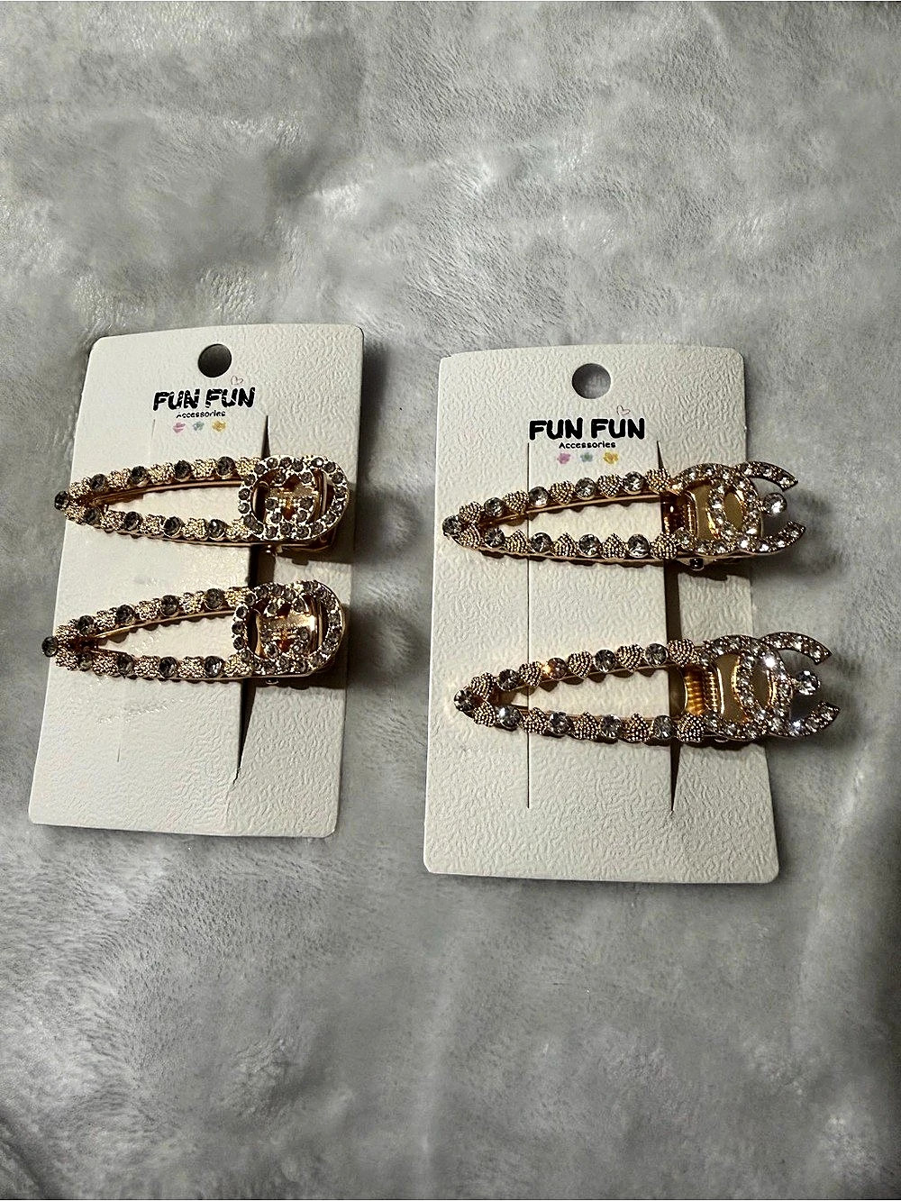 4 Fun Rhinestone Hair Clips in Gold Tone